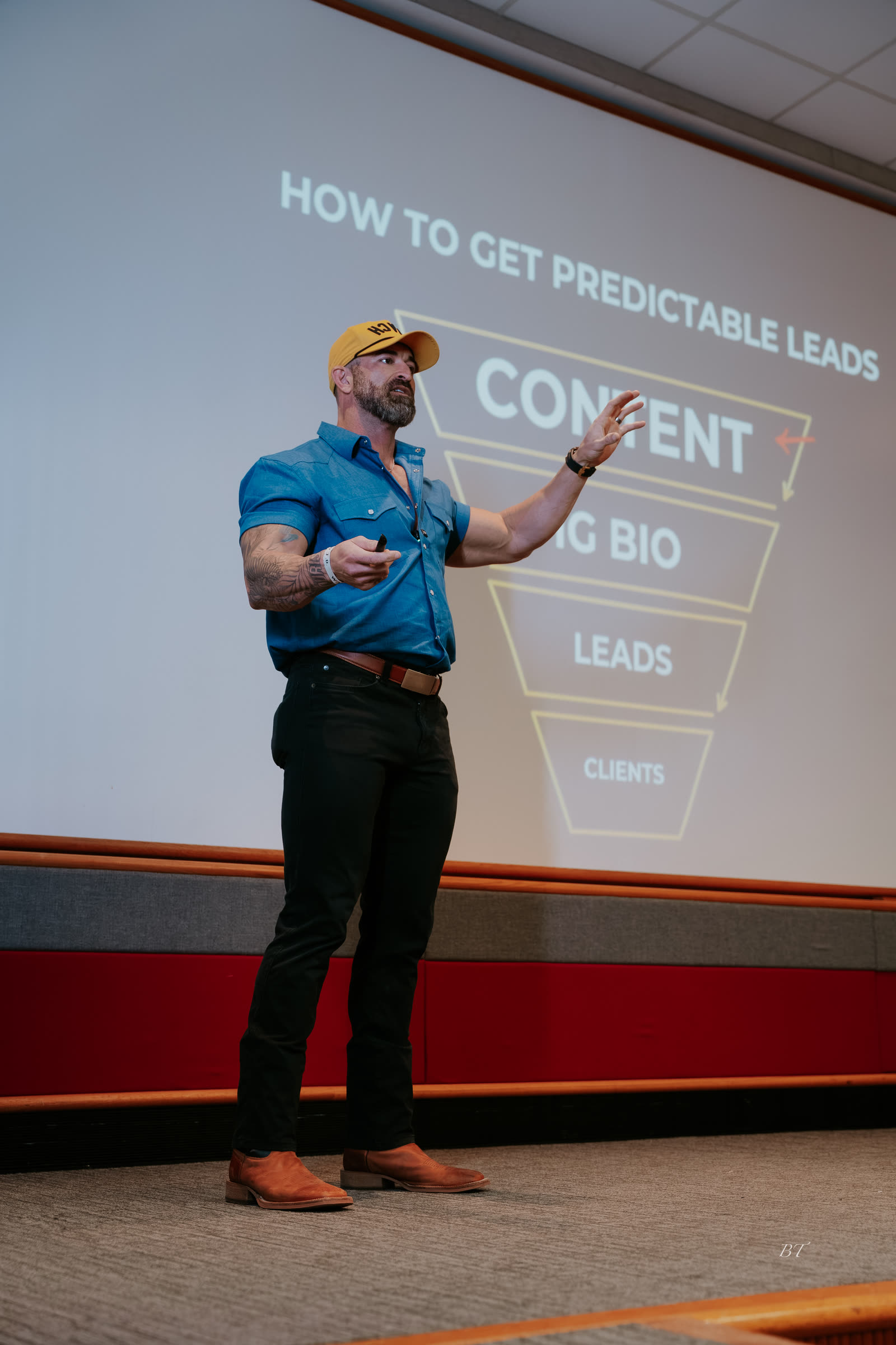Mike Crowson pointing at the content funnel on stage at AR Funnel Lead Summit