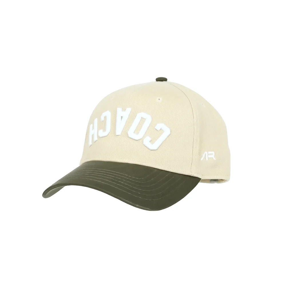 COACH Hat, Olive and Cream, quarter front, ar side